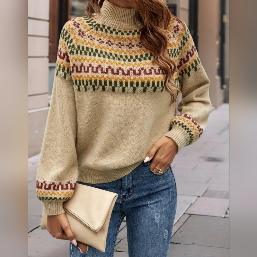 New Turtleneck Long Sleeve Women's Fair Isle Pattern Cottagecore Sweater